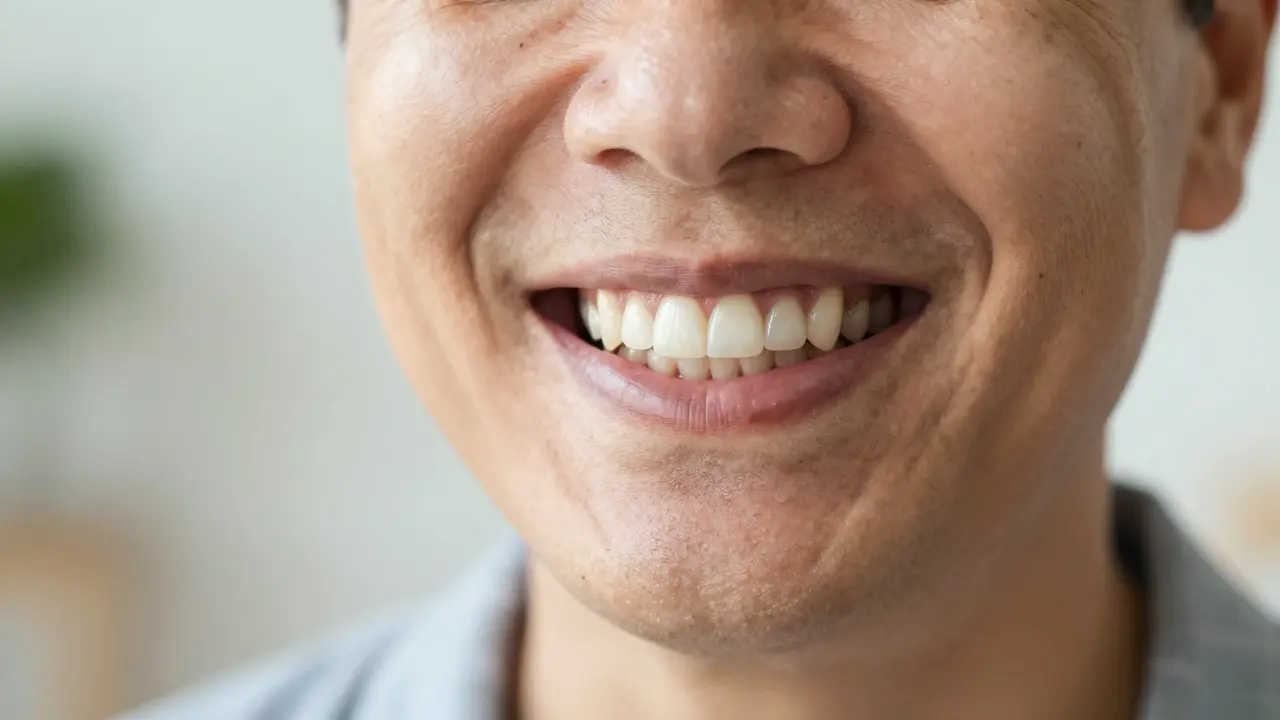 Úsměv spokojeného člověka s přirozeně vypadajícími zirkonovými zuby.