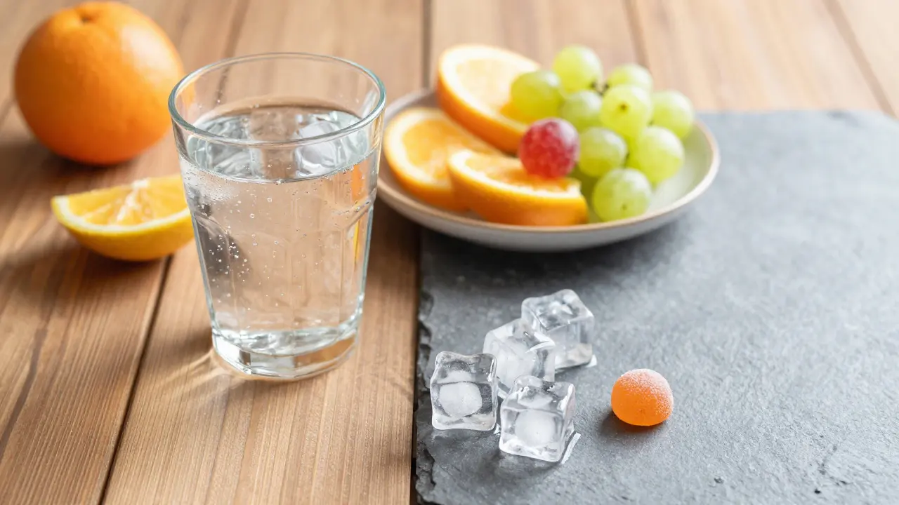 Zdravé ovoce a voda vedle tvrdých kostek ledu a bonbonů.
