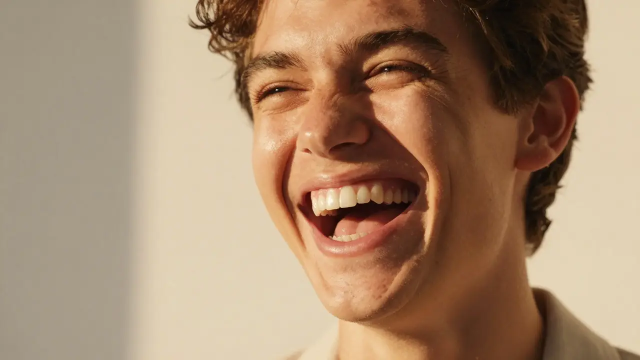 Žena se sebevědomě a radostně směje s perfektním chrupem.