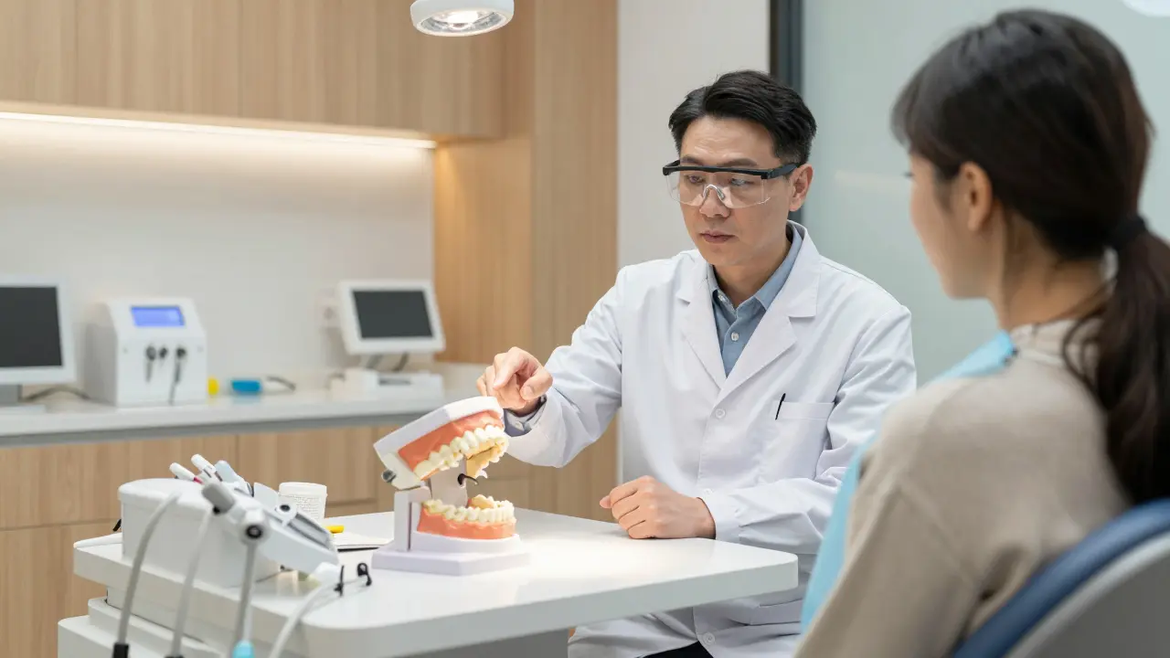 Zubař ukazuje na modelu čelisti při diskusi o vytržení zubů.
