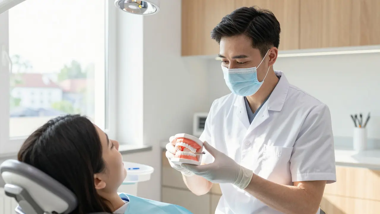 Zubní lékař ukazuje pacientovi provizorní model budoucího úsměvu v moderní ordinaci.