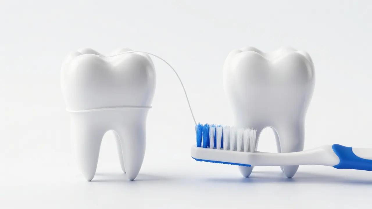 Dentální nit a mezizubní kartáček pro čištění mezi zuby