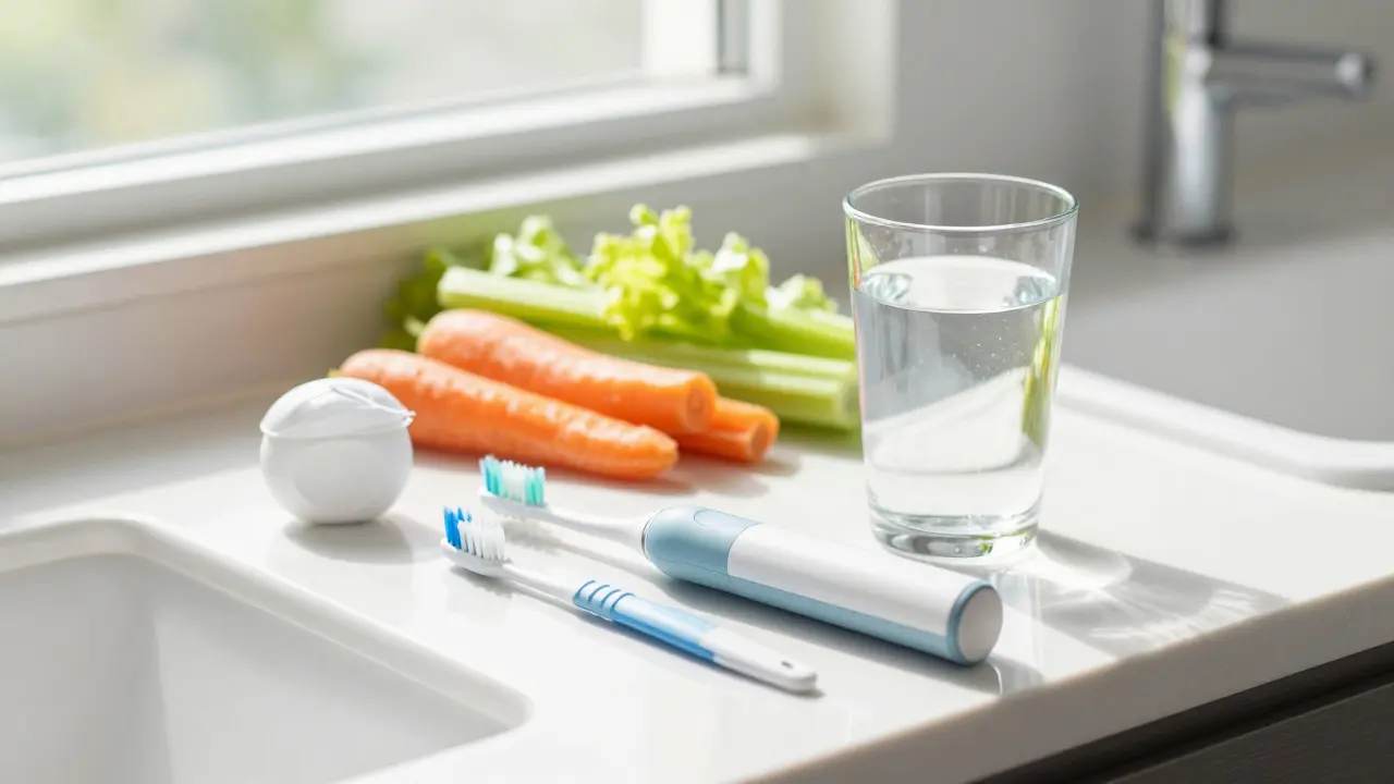 Hygienické pomůcky a zelenina na umyvadle pro zdravé zuby
