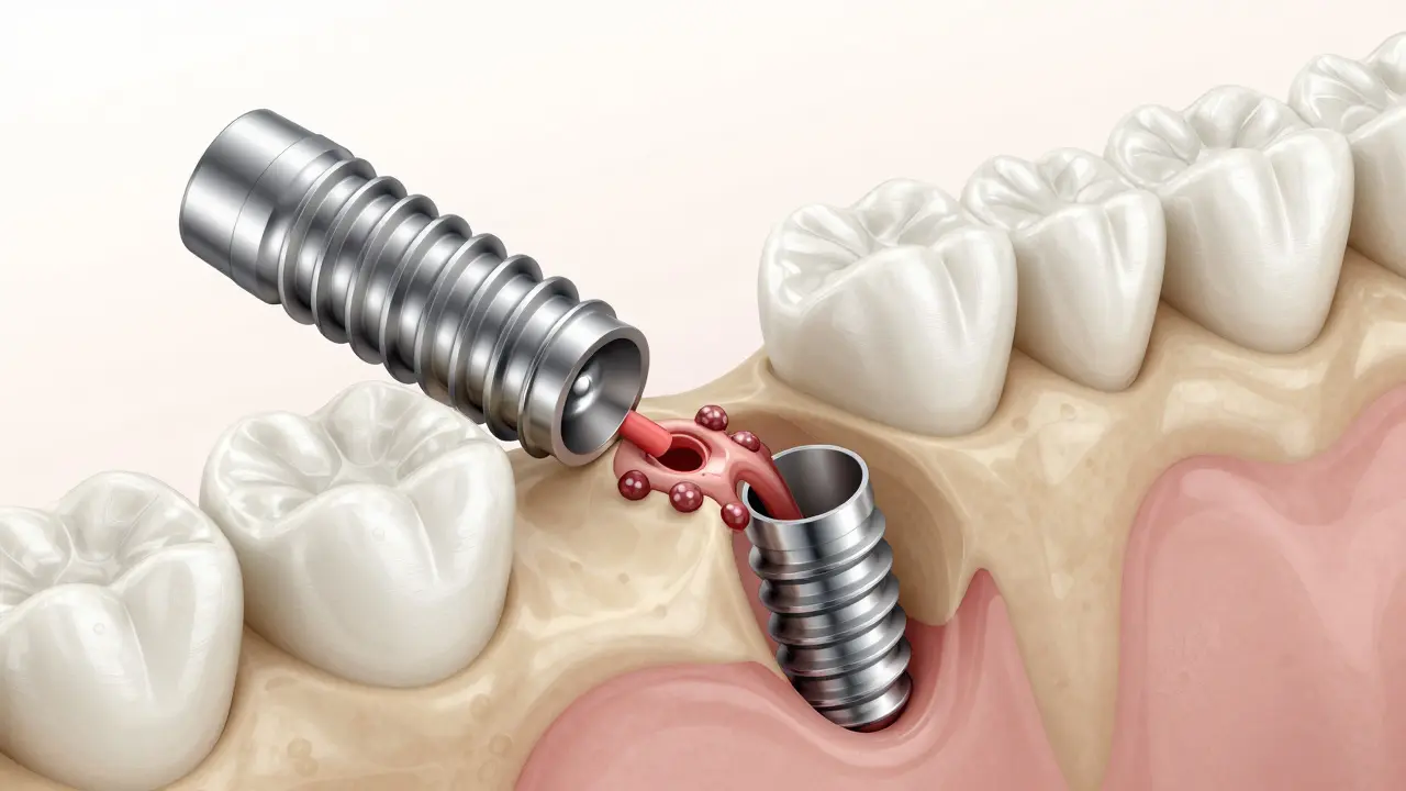 Mikroskopický pohled na osteointegraci kostních buněk kolem povrchu implantátu