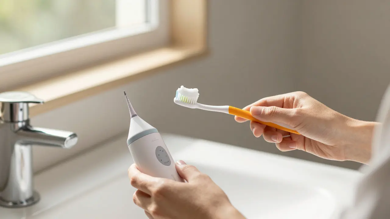 Ruce držící oba nástroje pro ústní hygienu