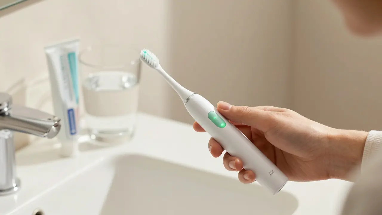 Ručka drží měkký kartáček v klidné koupelně při pečlivé hygieně