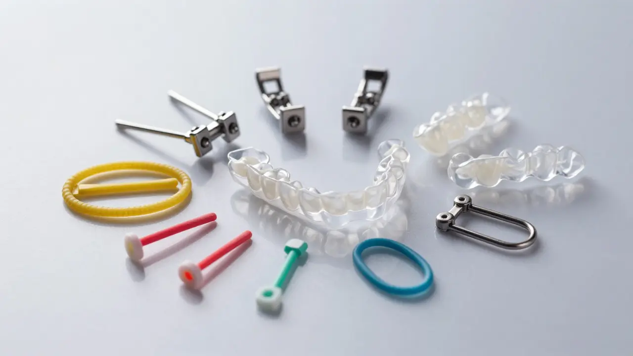 Různé materiály pro rovnátka: brackety, elastomery a průhledné náhradníky.