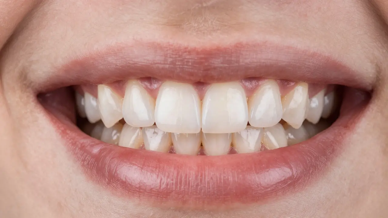 Detailní záběr dokonalého úsměvu s esteticky dokonale zapadajícím kompozitním inlayem