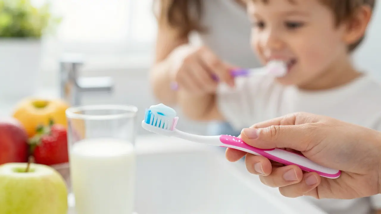 Dítě si čistí zuby pastou s fluoridem vedle zdravého jídla