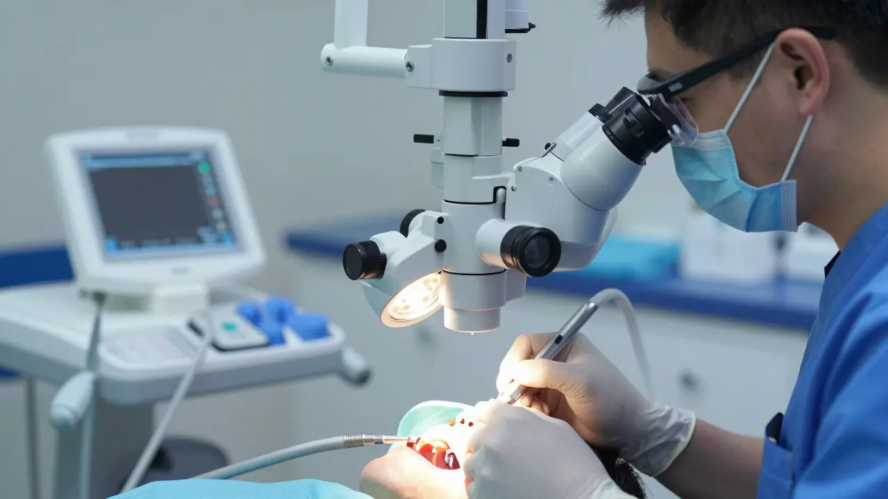 Endodontista pracuje s mikroskopem při ošetření kořenových kanálků