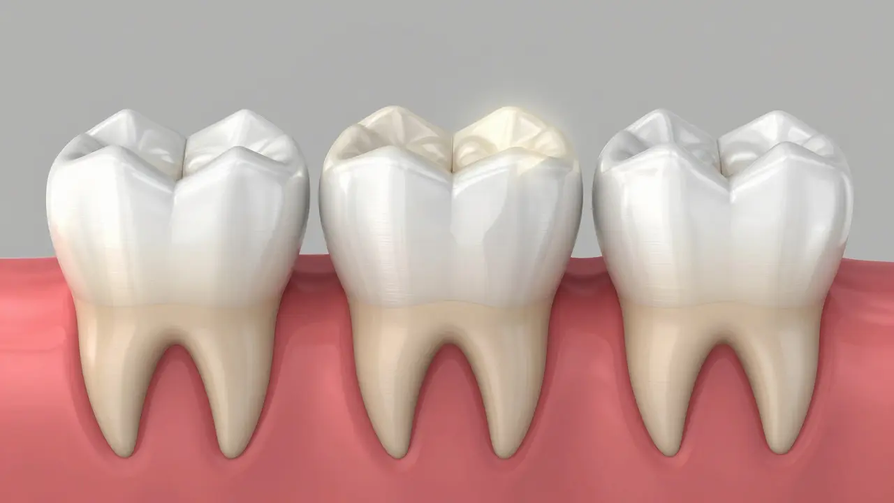Porovnání výplně, onlaye a korunky na zubu ve 3D řezu