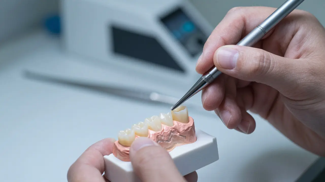 Technik vytváří keramické fazety v laboratoři
