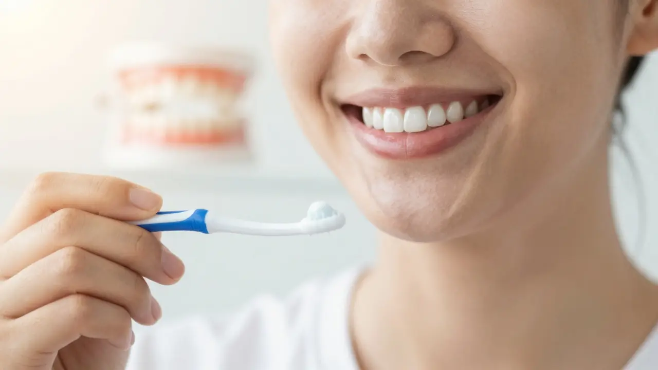 Úsměv s obnovenými zuby a prostředky pro ústní hygienu