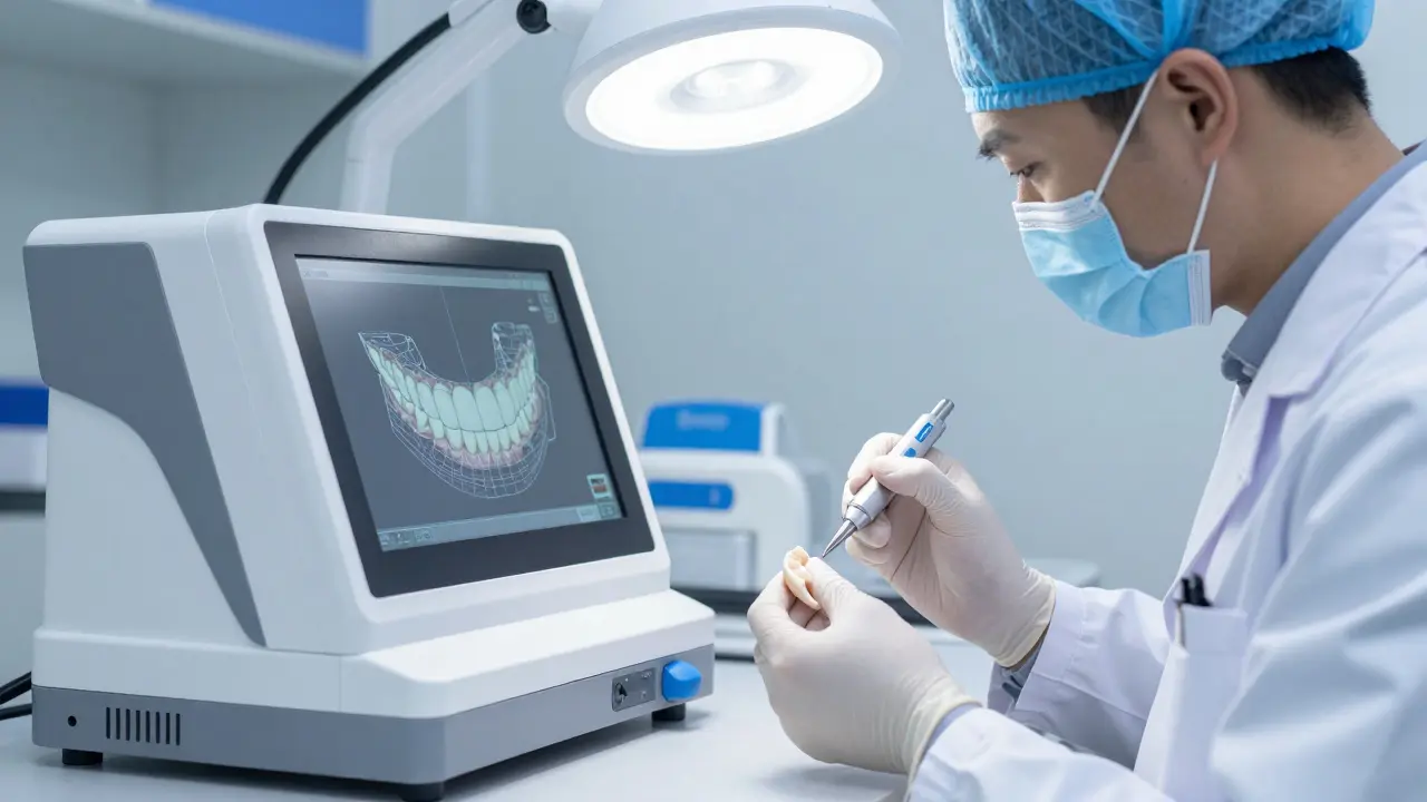 Zubní technik vyrábí porcelánovou lištu v laboratoři