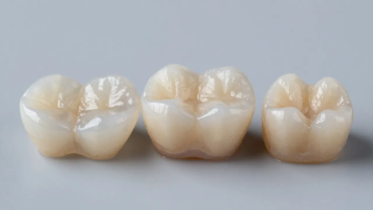 Detailní pohled na keramické facety, zirkonové korunky a kompozitní materiály