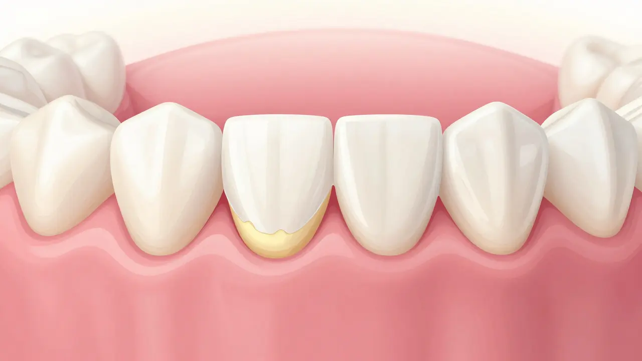 Ilustrace recese dásní odhalující kořen řezáku a žloutnoucí dentin
