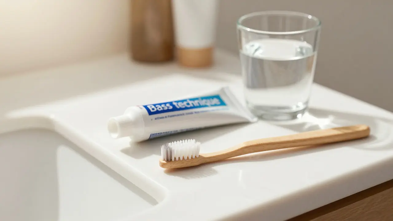 Měkký kartáček a fluoridová pasta na koupelnovém pultu pro správnou hygienu.