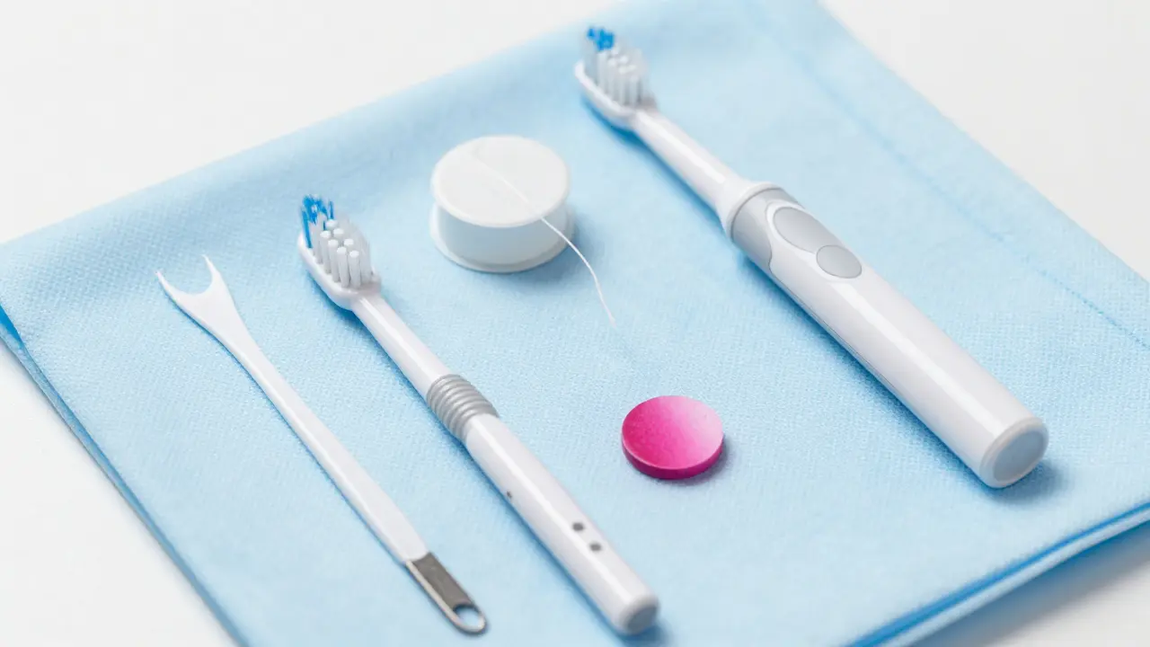 Nástroje pro ústní hygienu: kartáč, nit a indikační tableta