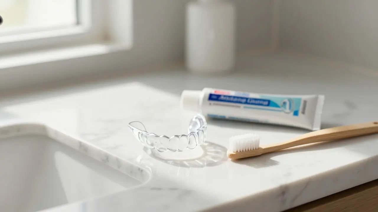 Noční chránič zubů a hygienické potřeby na pultu