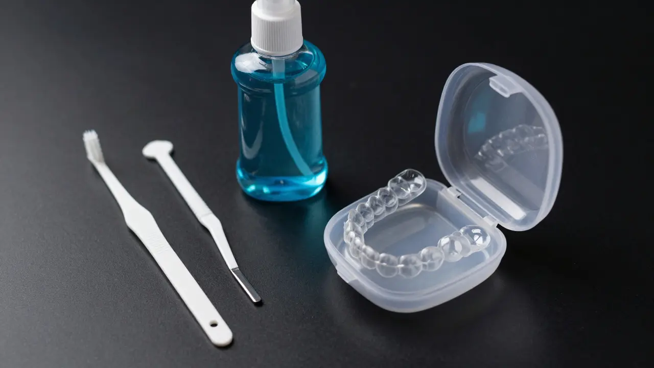 Přehled pomůcek pro ústní hygienu a čisté puzdro na rovnátka
