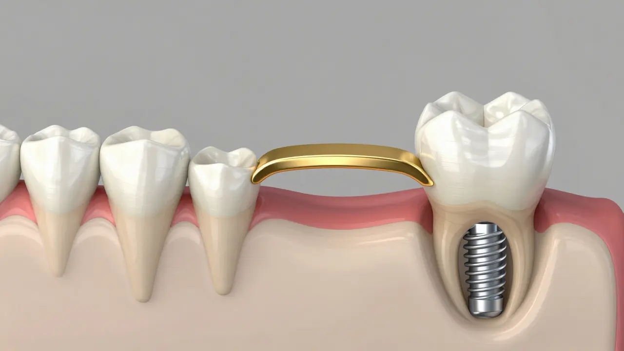 Srovnání zubního mostu a implantátu v medicinské ilustraci