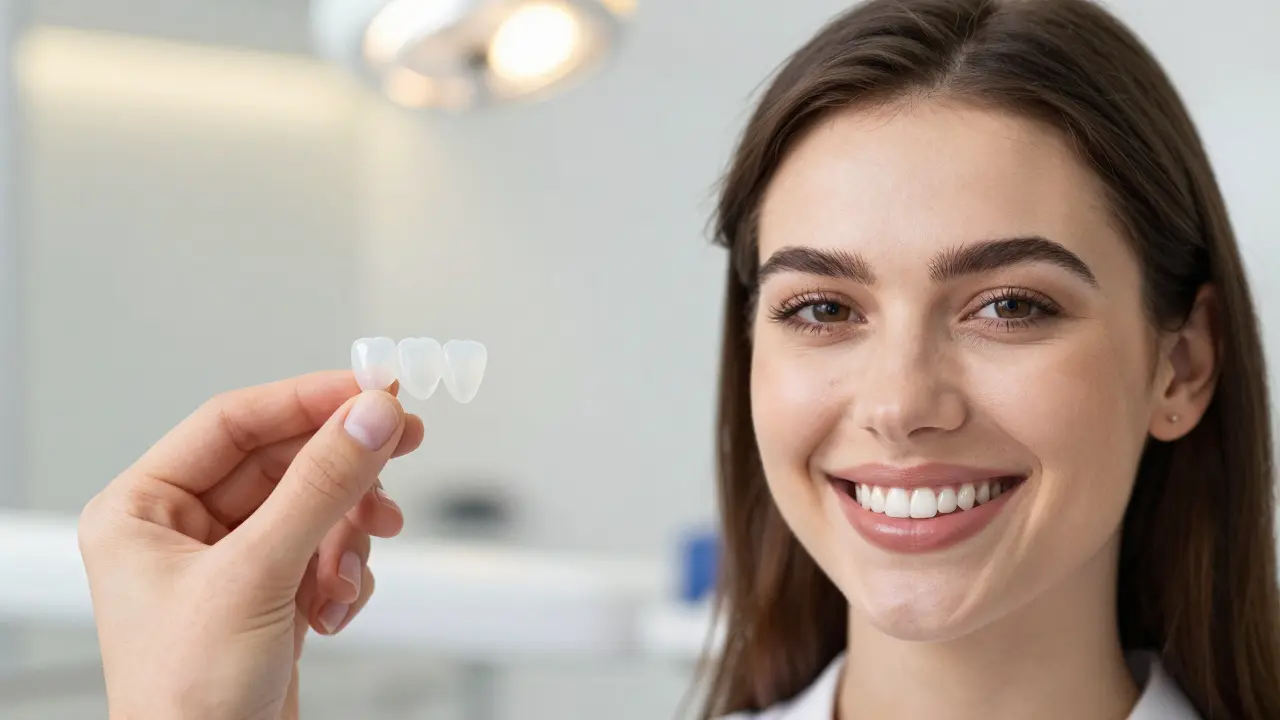 Úsměv s keramickými vložkami a porcelánová destička