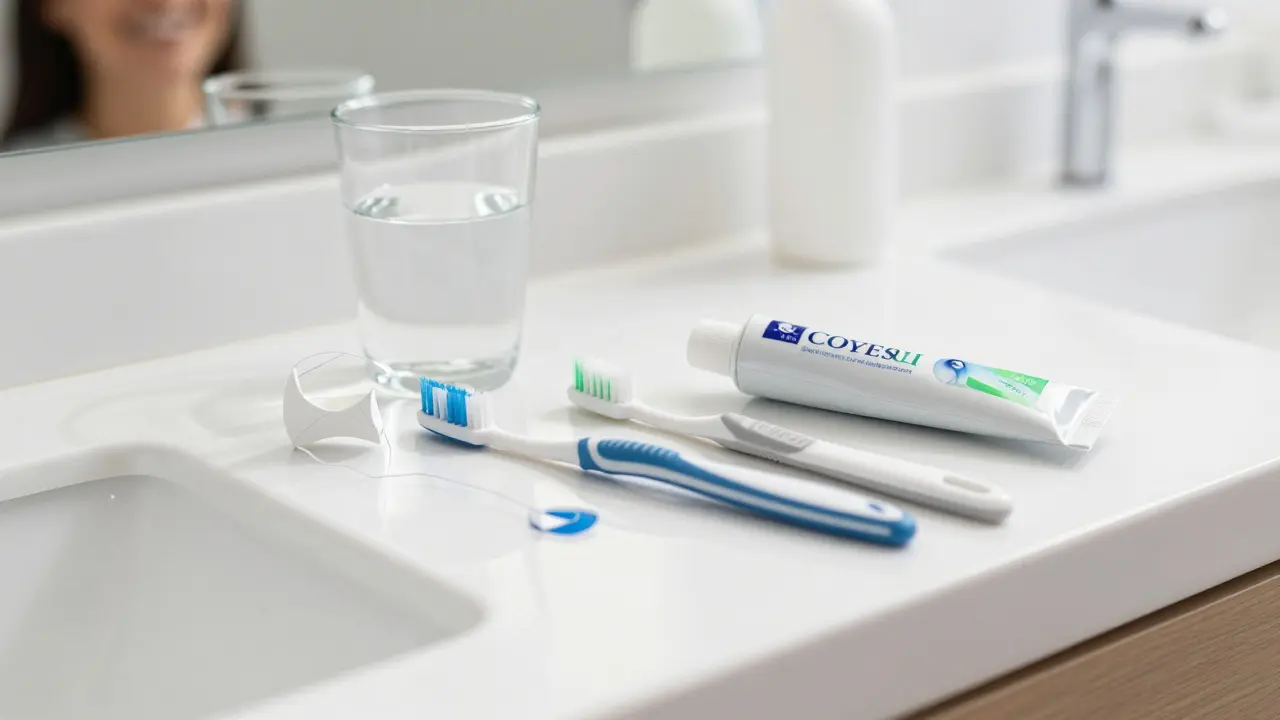 Zubní kartáček, nit a hygiena pro prevenci kazu na čistém pultu