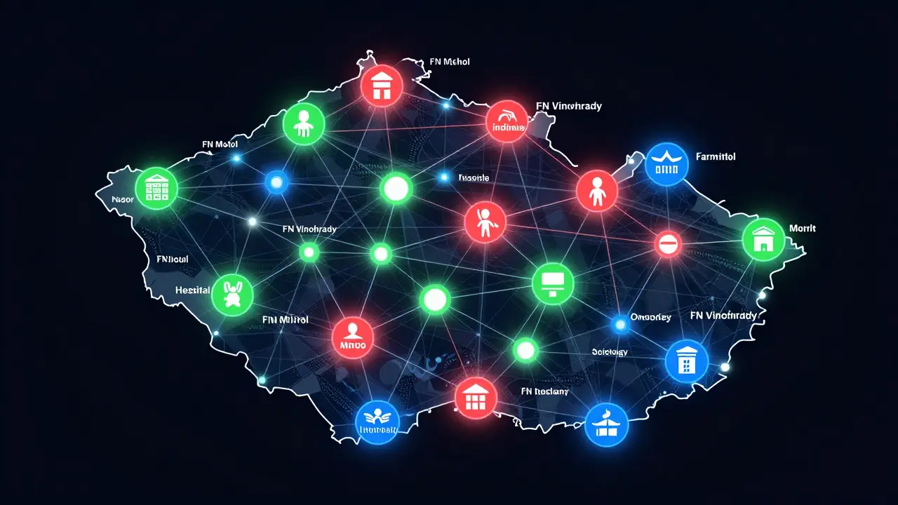 Abstraktní mapa ČR s propojenými špičkovými zdravotnickými centry