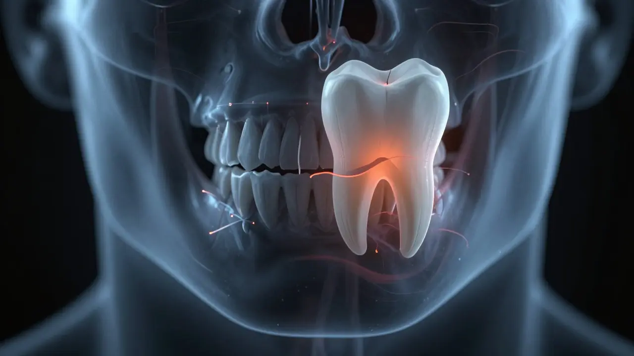 Anatomický řez čelistí ukazující zoubek moudrosti tlačící na sousední zub.