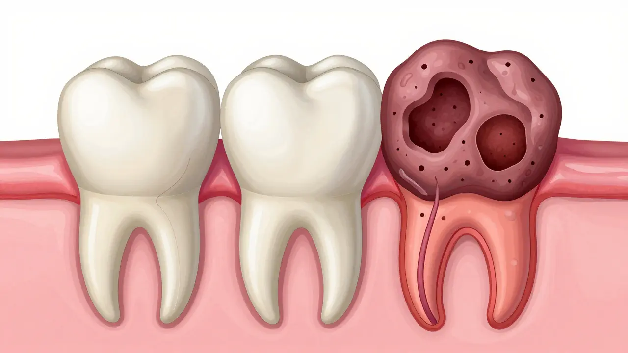 Anatomický řez zobrazující rozdíl mezi benigním a maligním nádorem