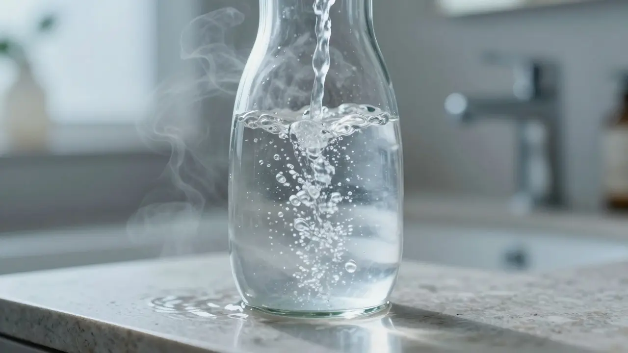 Čistá voda ve skleněné lahvi na kamenném povrchu symbolizující hydrataci