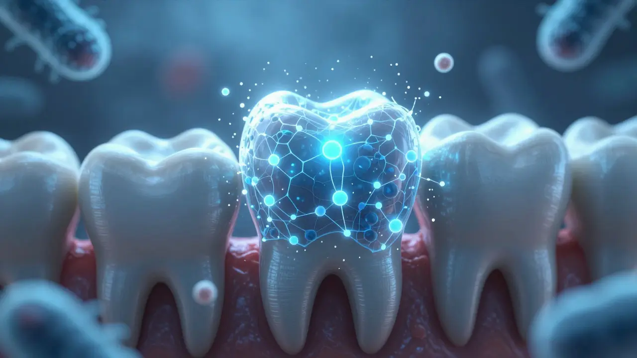 Conceptual art of fluoride protecting tooth enamel from bacteria