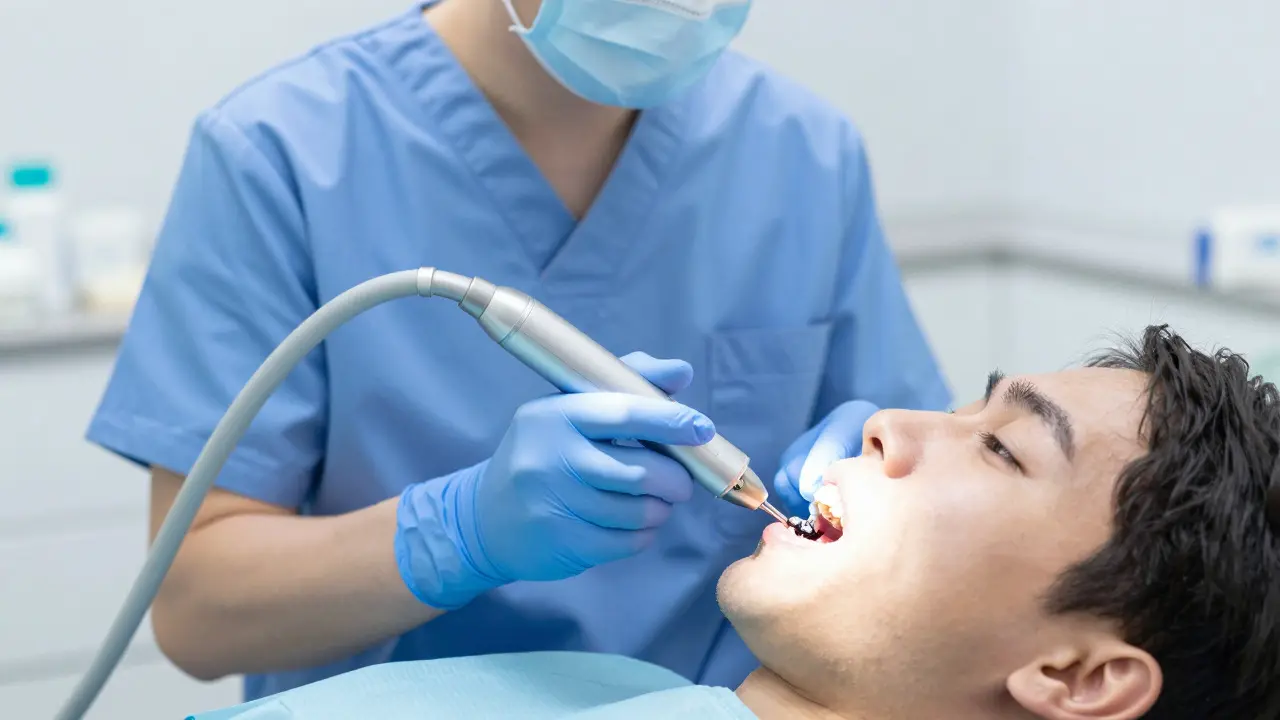 Dentista čistí zuby ultrazvukovým škrabkou v ordinaci