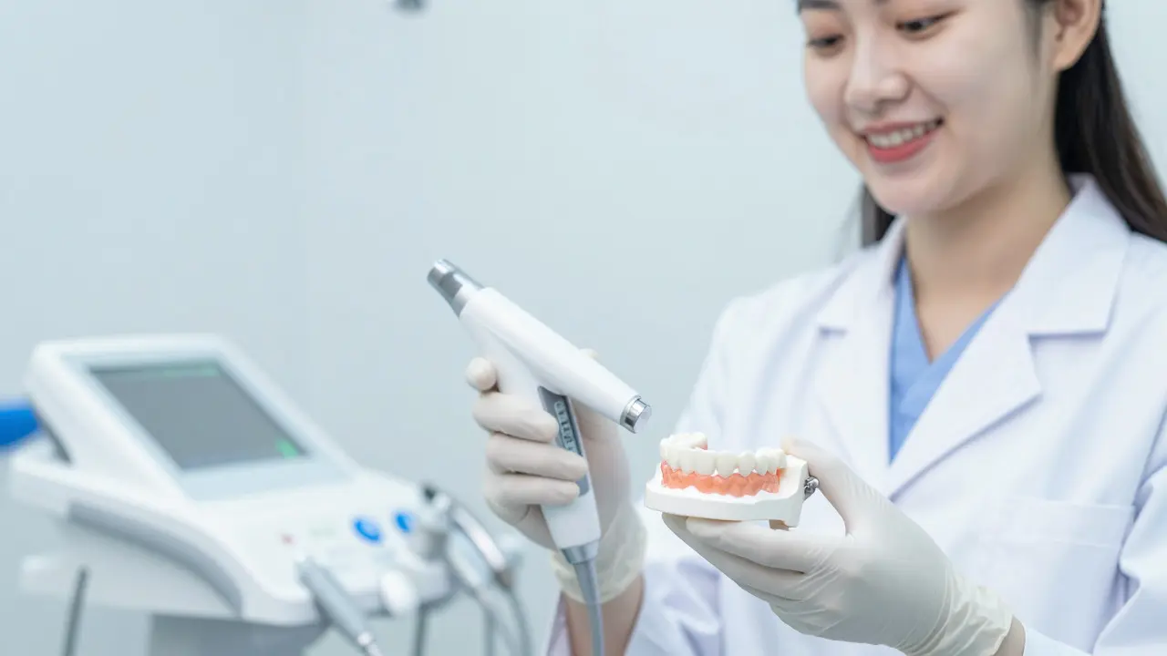 Dentista s nočním chráničem a digitálním skenerem