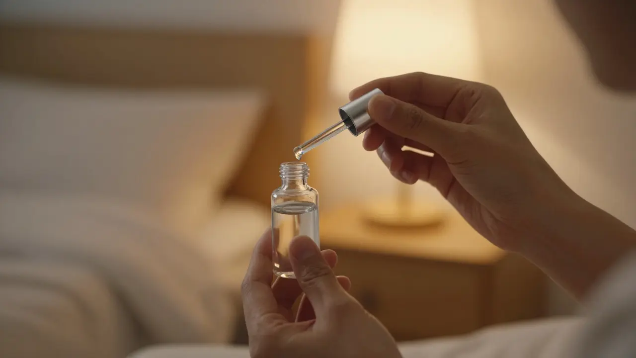Hands holding a small vial of alcohol-free mouthwash in warm light