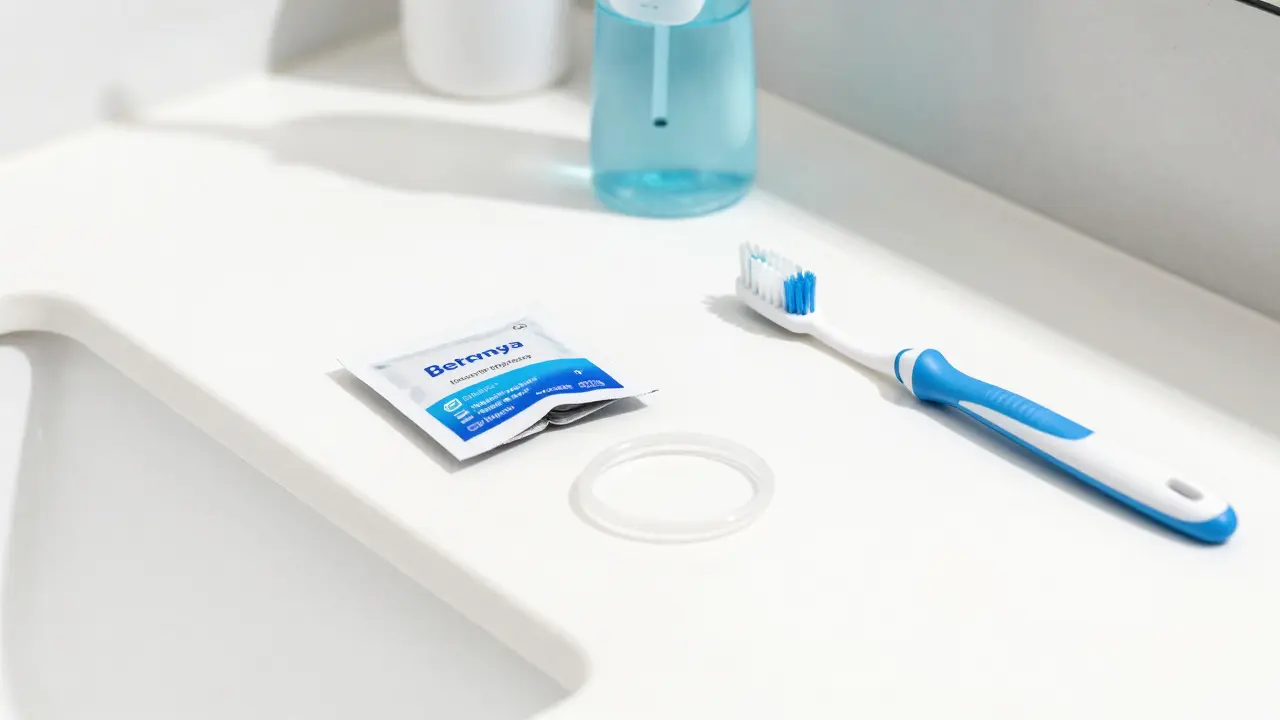 Hygienické pomůcky pro péči o rovnátka na čistém pultu