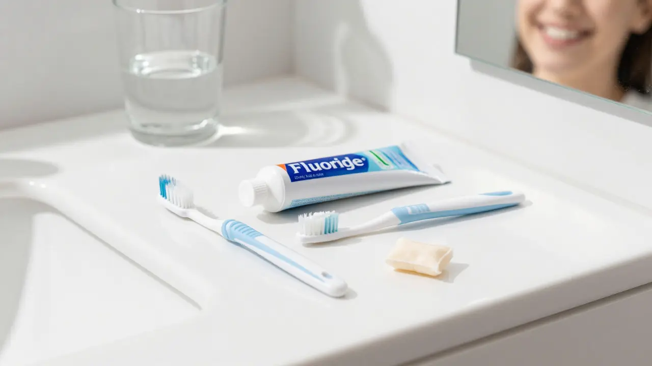 Hygienické potřeby pro prevenci zubního kazu na umyvadle