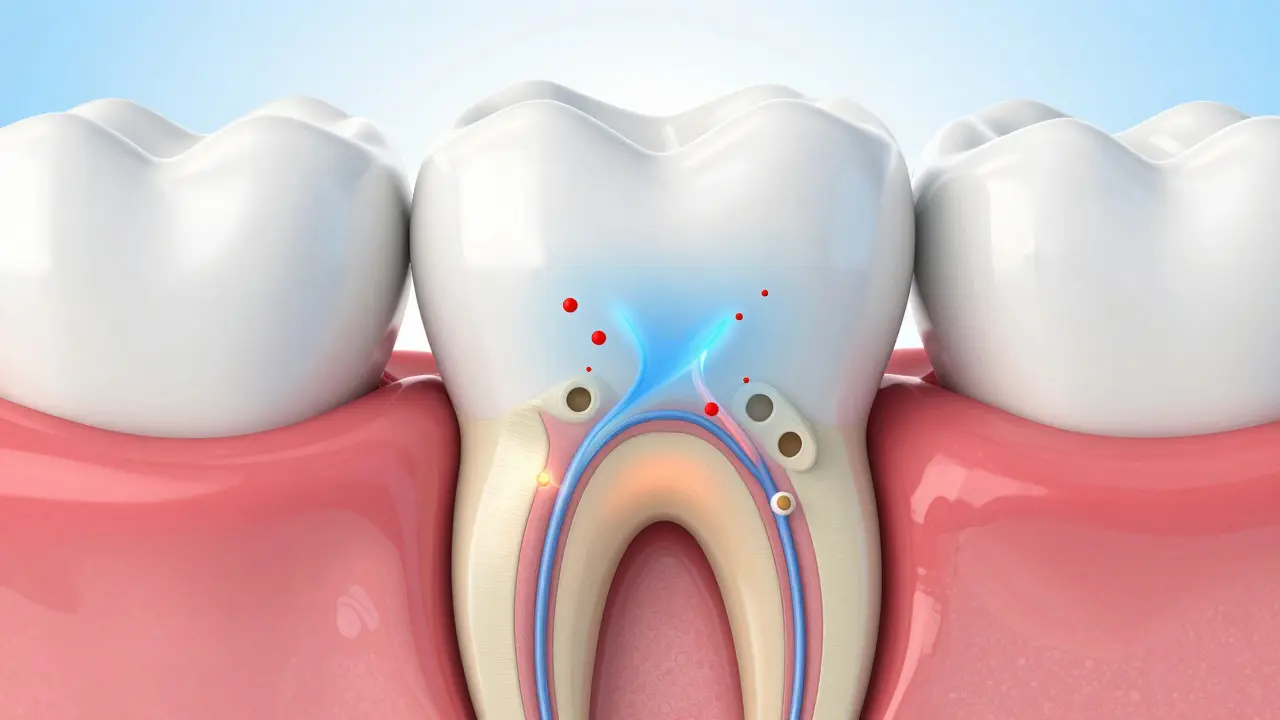 Ilustrace zubu ukazující otevřené dentinové tubuly a nerv