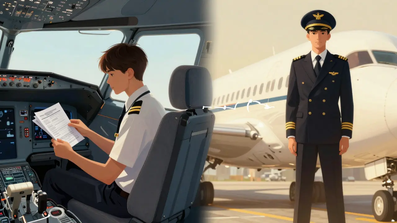 Konceptuální ilustrace kariérního růstu pilota od juniora k kapitánovi
