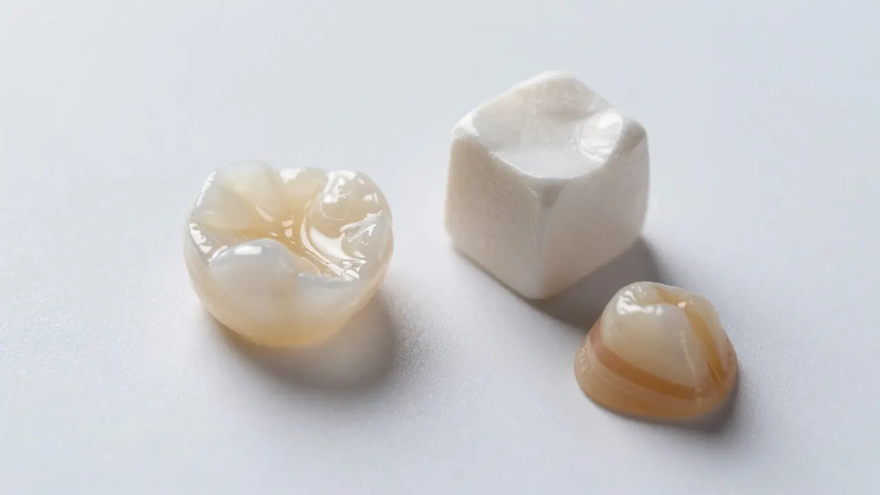 Makro fotka různých zubních materiálů jako keramika a zirkon na bílém podkladu.