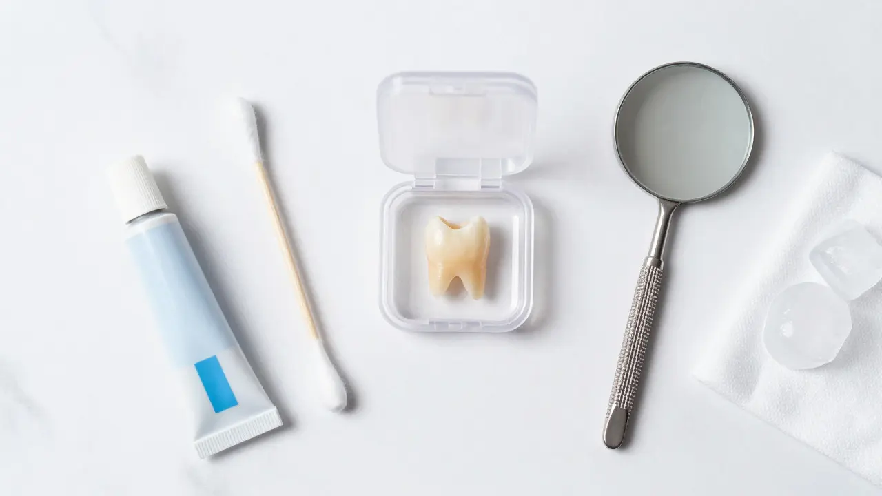 Plošný záběr na materiály pro aplikaci: zub, lepidlo, vatový tampon a zrcátko
