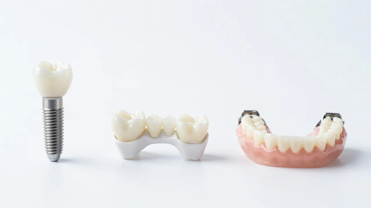 Přehled náhrad zubu: implantát, můstek a částečná protéza na bílém pozadí