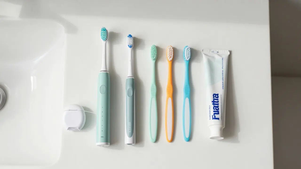 Přehled nástrojů pro ústní hygienu na bílém povrchu