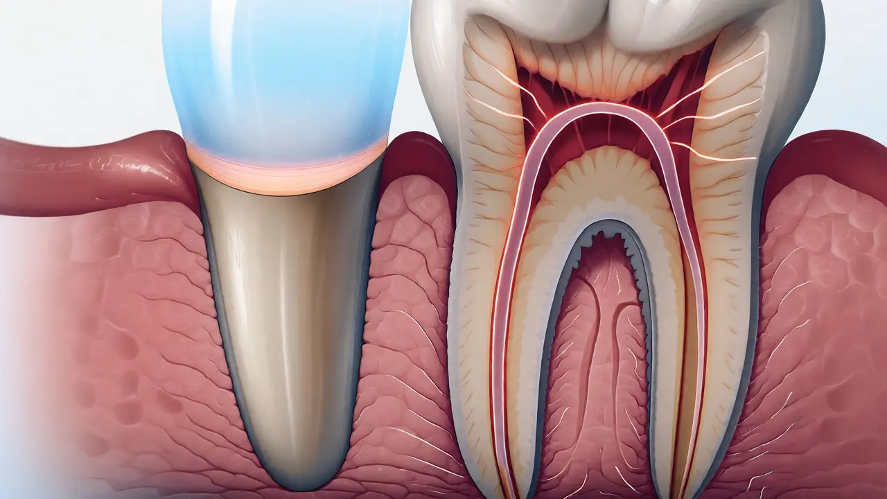 Anatomický řez předním zubem s tenkou sklovinou