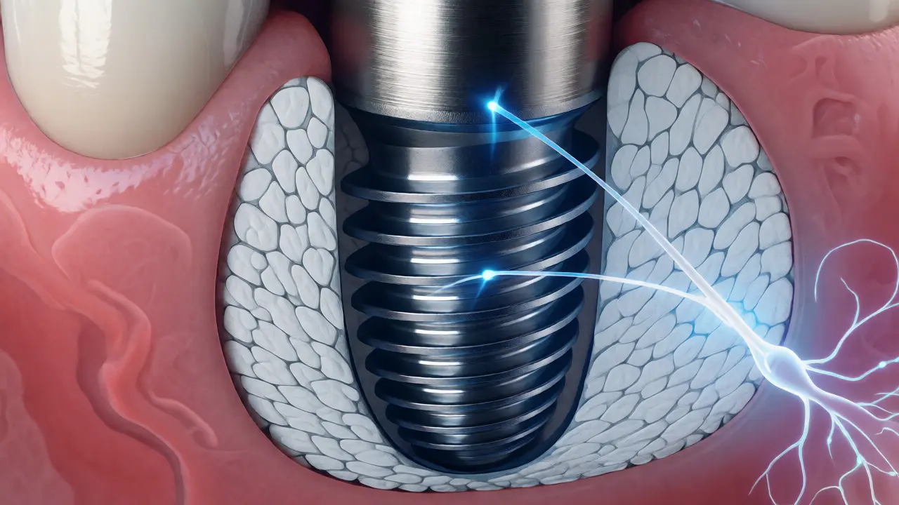 Detailní řez zubním implantátem integrovaným v kosti