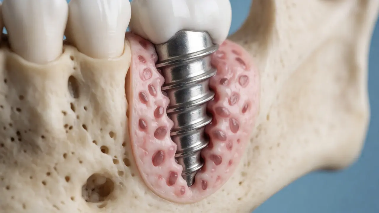 Ilustrace osteointegrace titanového implantátu v čelistní kosti