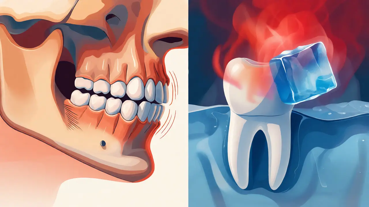 Ilustrace příčin prasklin: skřípání zuby a tepelný šok na zubní struktuře