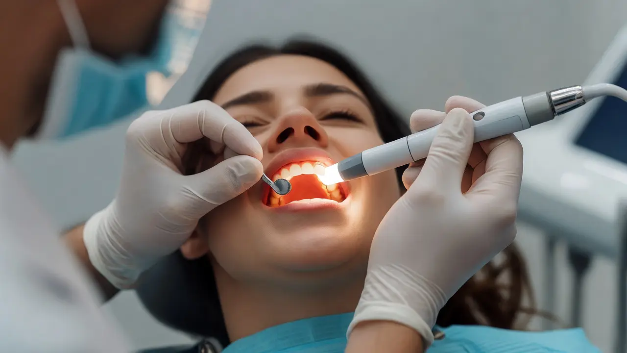 Zubař prosvítá zub diagnostickou lampou při vyšetření praskliny