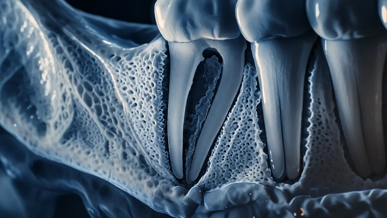 Anatomický detail zubního kořene srostlého s čelistní kostí