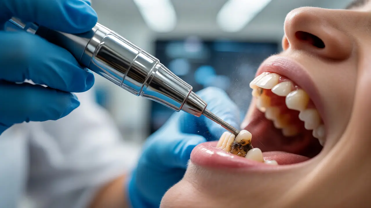 Dentální hygienista provádí ultrazvukovou skalaci zubního kamene v ordinaci